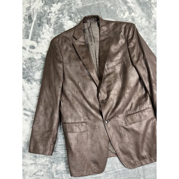 Calvin Klein Mens Brown Faux Leather Blazer Jacket Size 40R Two-Button Striped L - Picture 6 of 9